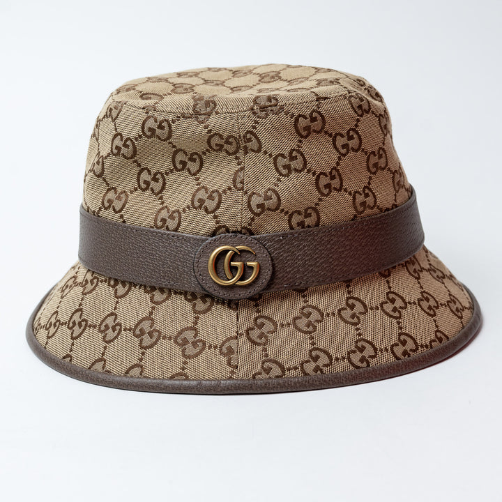 Beige and Brown GG Supreme Canvas Bucket Hat. (front)