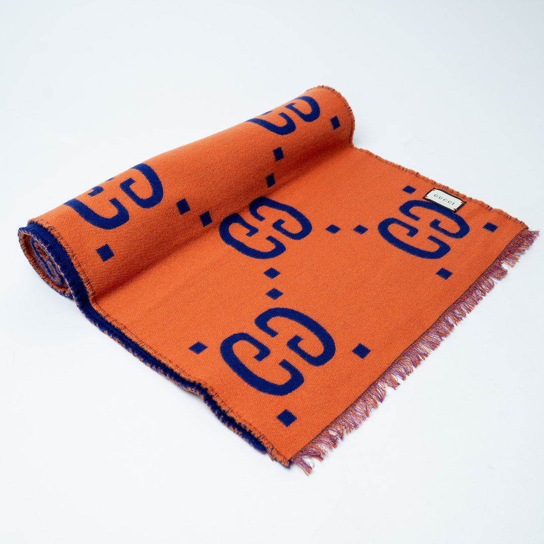 Orange and Blue GG Jacquard Wool Silk Fringe Scarf. (front)