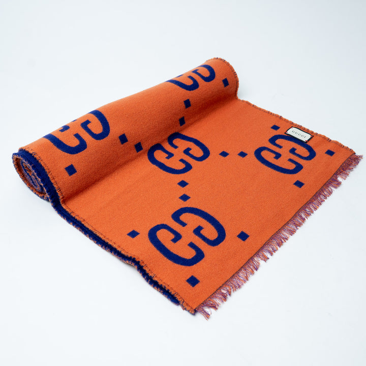 Orange and Blue GG Jacquard Wool Silk Fringe Scarf. (front)
