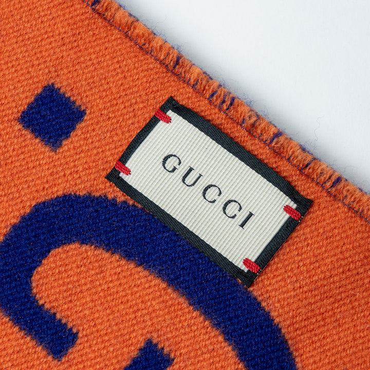 Orange and Blue GG Jacquard Wool Silk Fringe Scarf. (view 2)