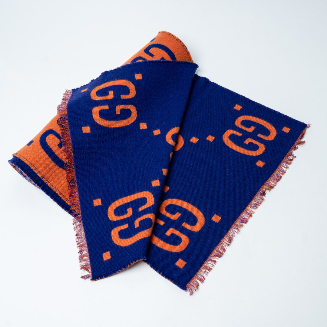 Orange and Blue GG Jacquard Wool Silk Fringe Scarf. (view 3)