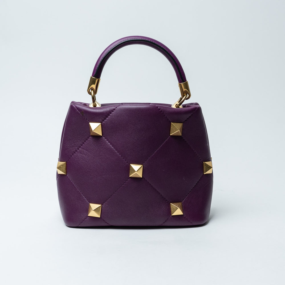 Purple Quilted Nappa Leather Roman Stud Top Handle Bag. (view 2)