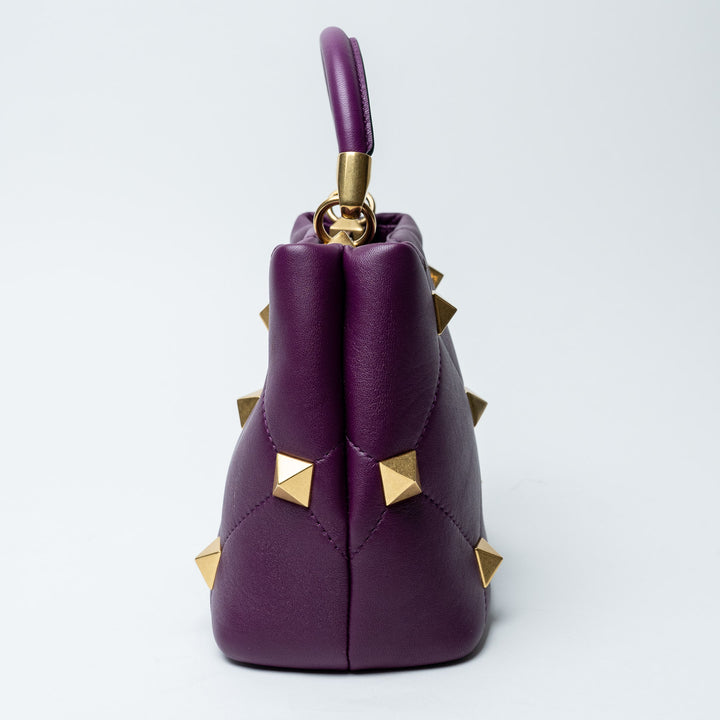 Purple Quilted Nappa Leather Roman Stud Top Handle Bag. (view 3)