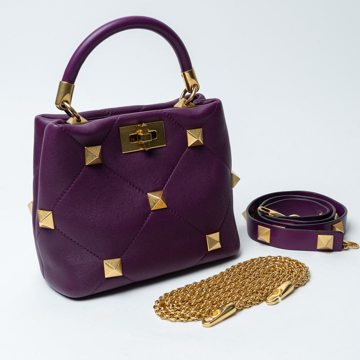 Purple Quilted Nappa Leather Roman Stud Top Handle Bag. (view 4)