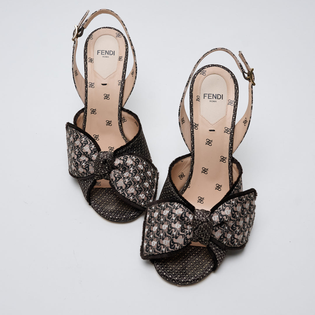 Brown and Beige FF Jacquard FFreedom Bow Slingbacks. (front)