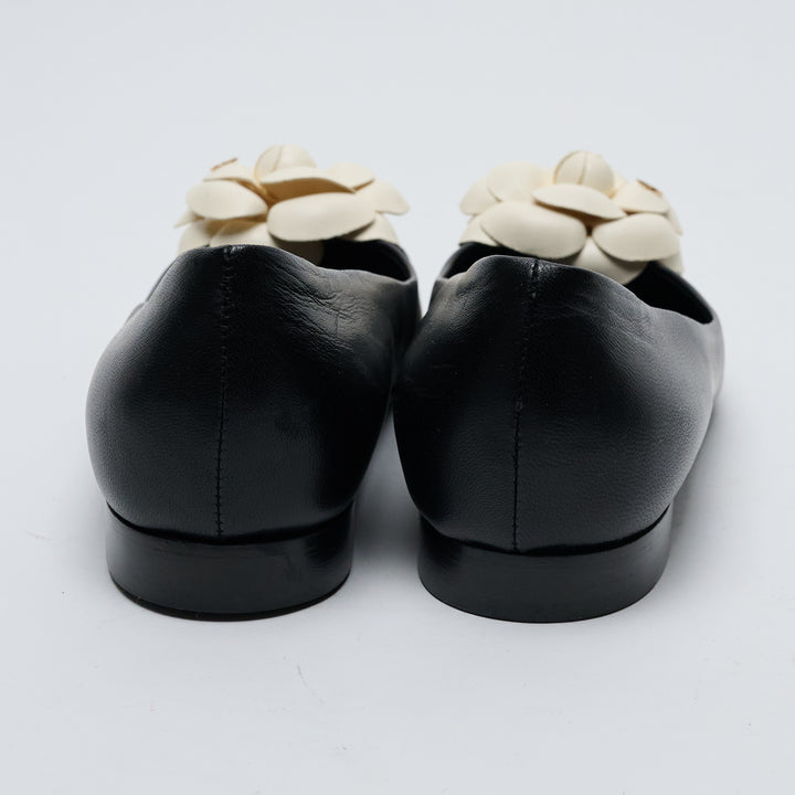 Black Lambskin Leather Camellia Ballet Flats. (view 4)
