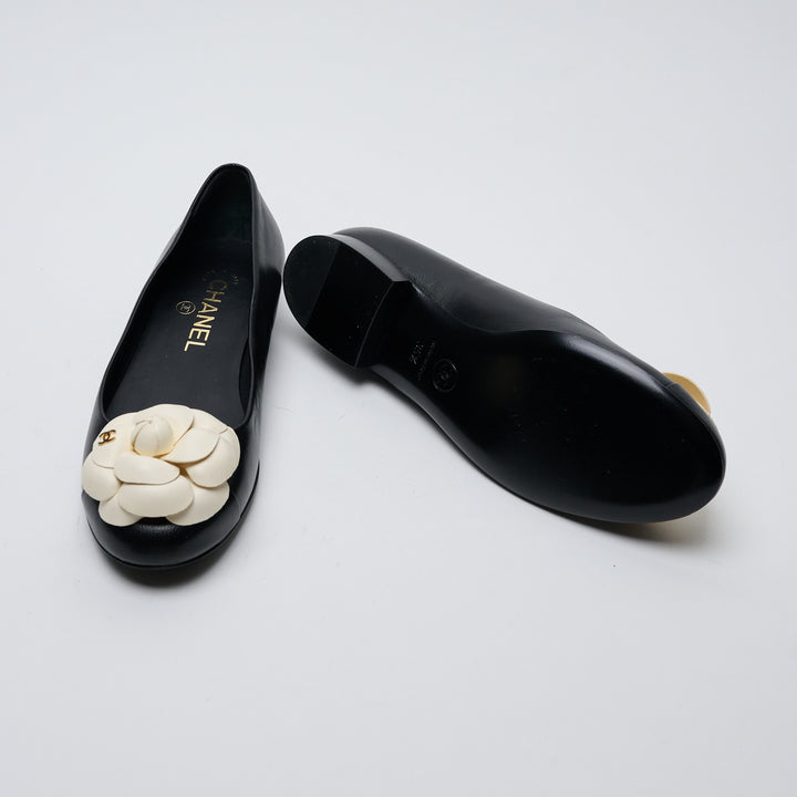 Black Lambskin Leather Camellia Ballet Flats. (view 5)