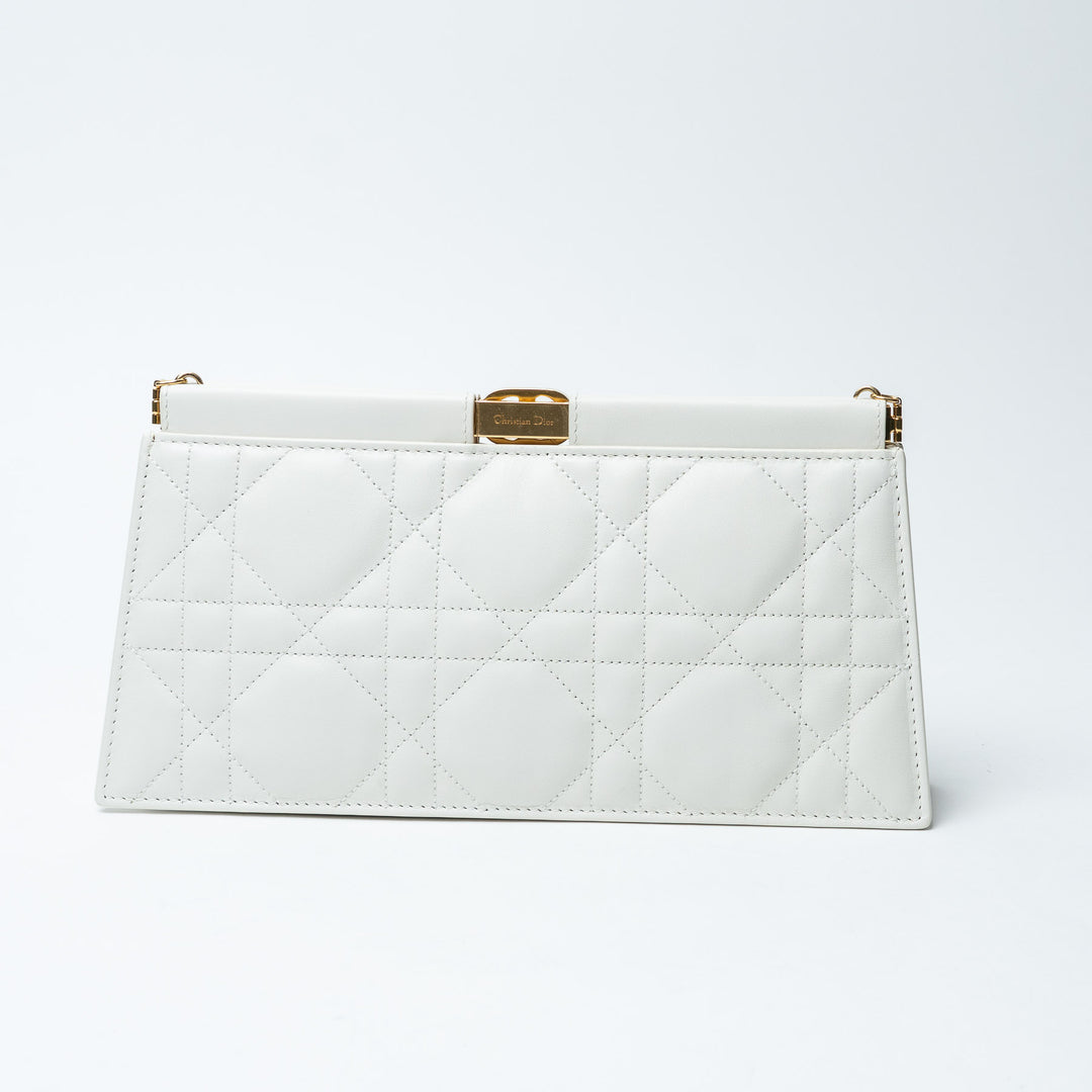 White Cannage Calfskin Leather Caro Colle Noire Clutch. (front)