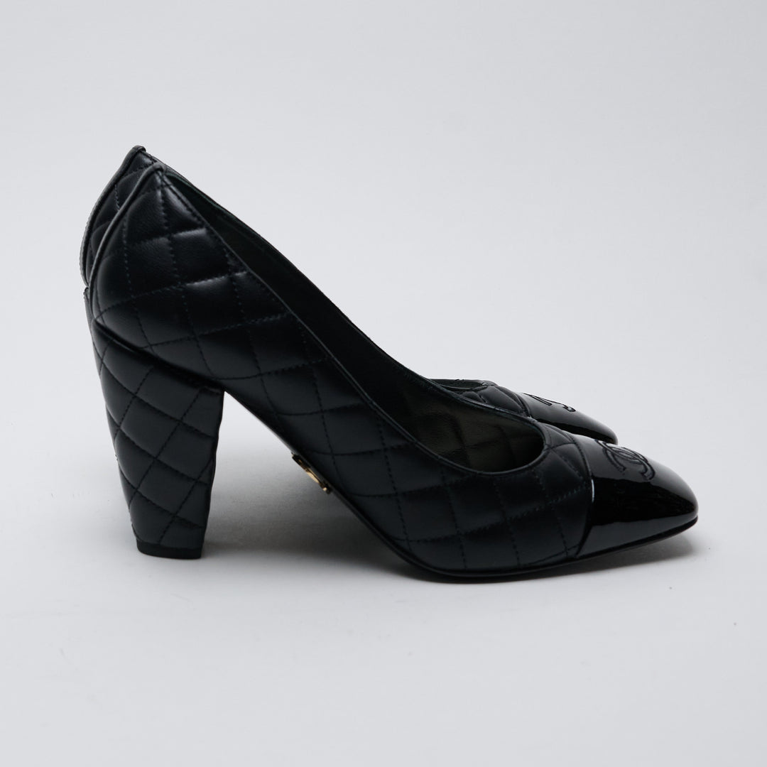 Black Quilted Lambskin Leather Cap Toe Pumps. (view 4)