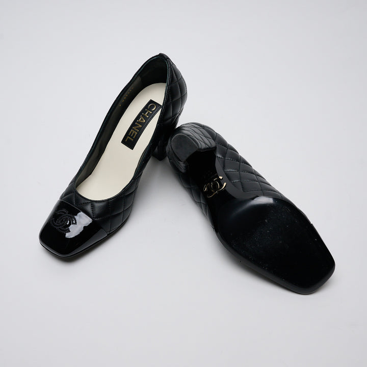 Black Quilted Lambskin Leather Cap Toe Pumps. (view 6)