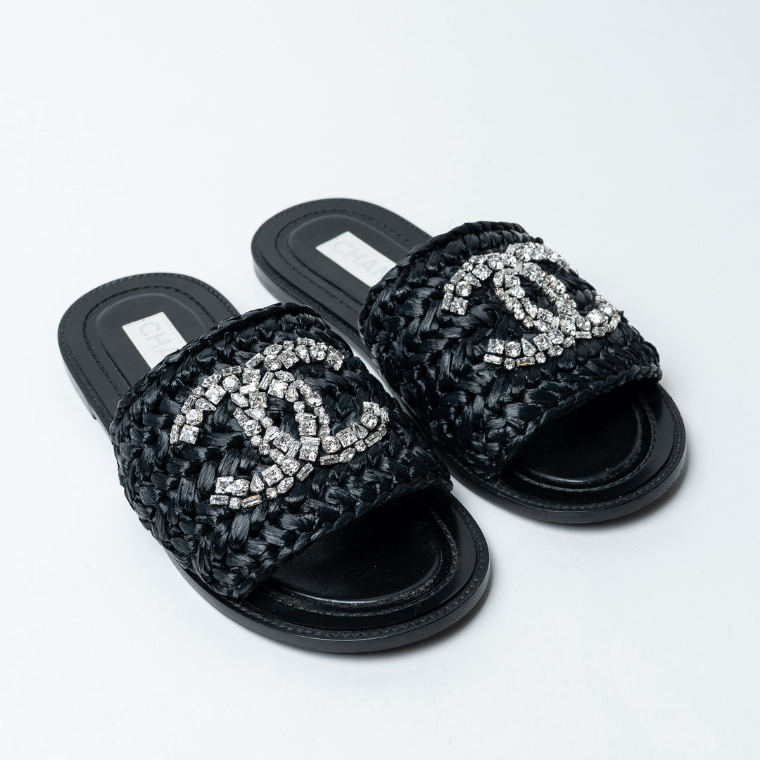 Black Raffia Crystal Logo Slides. (front)
