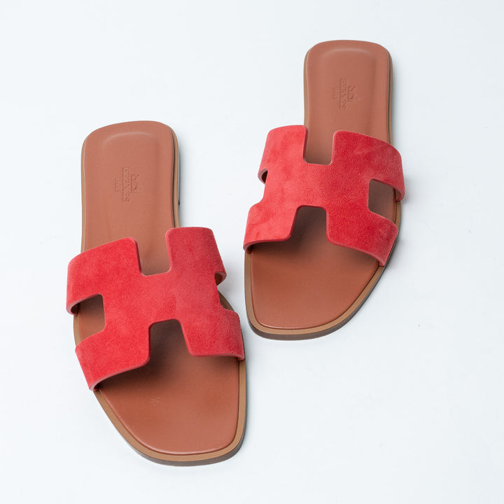 Red Suede Oran Sandals. (front)