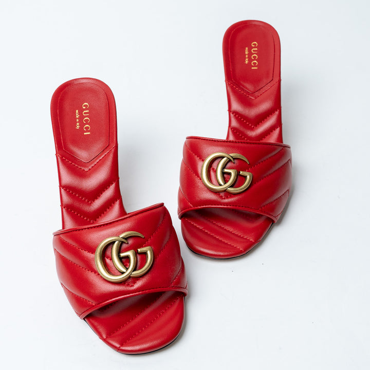 Red Chevron Quilted Leather GG Marmont Heeled Mules. (front)