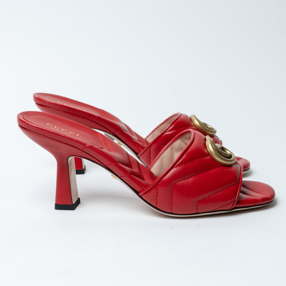 Red Chevron Quilted Leather GG Marmont Heeled Mules. (view 2)