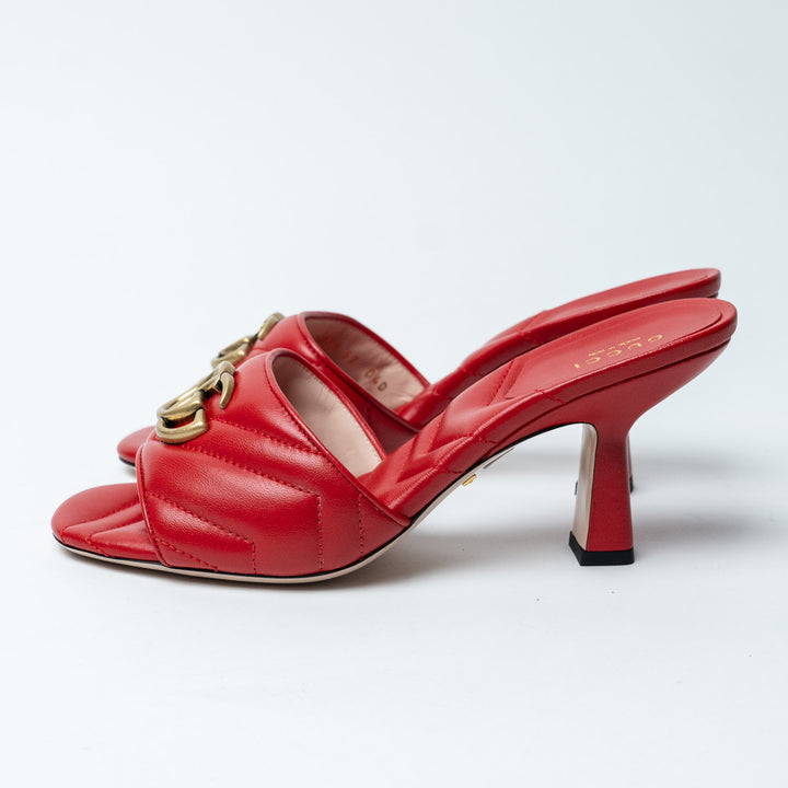 Red Chevron Quilted Leather GG Marmont Heeled Mules. (view 4)