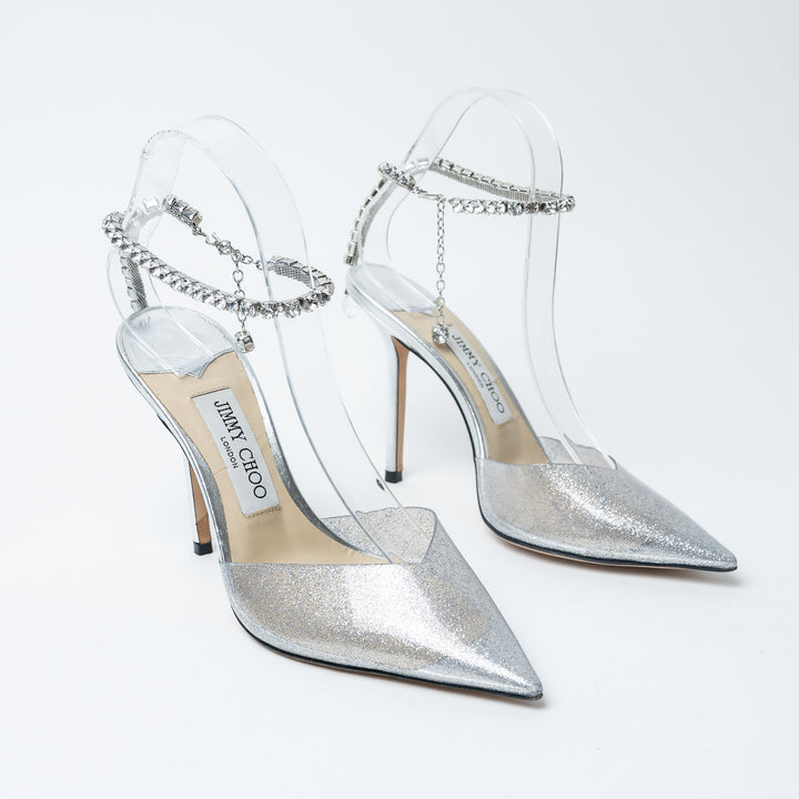 Jimmy Choo Silver Glitter PVC Saeda 100 Sandals Size 37