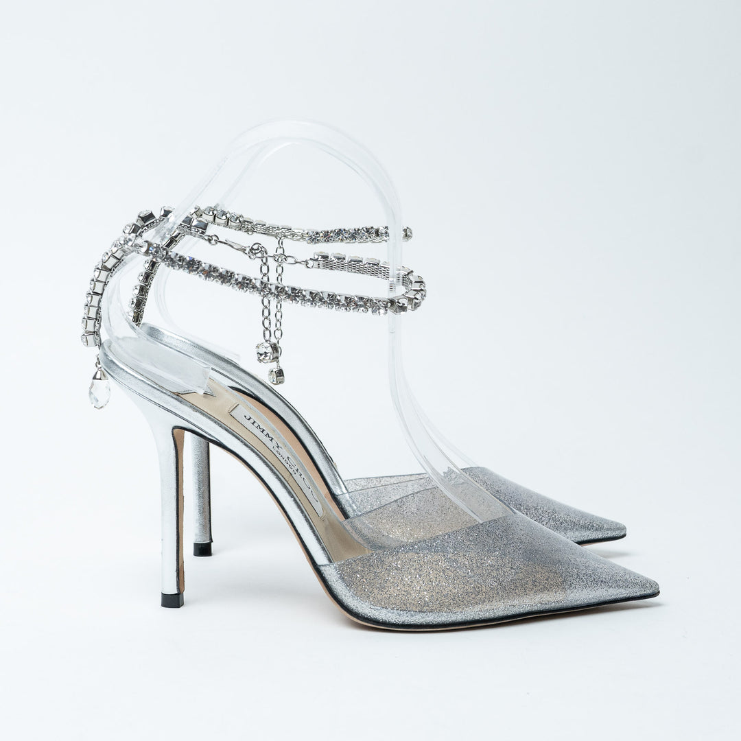 Jimmy Choo Silver Glitter PVC Saeda 100 Sandals Size 37