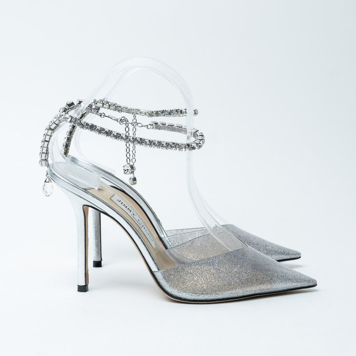 Jimmy Choo Silver Glitter PVC Saeda 100 Sandals Size 37