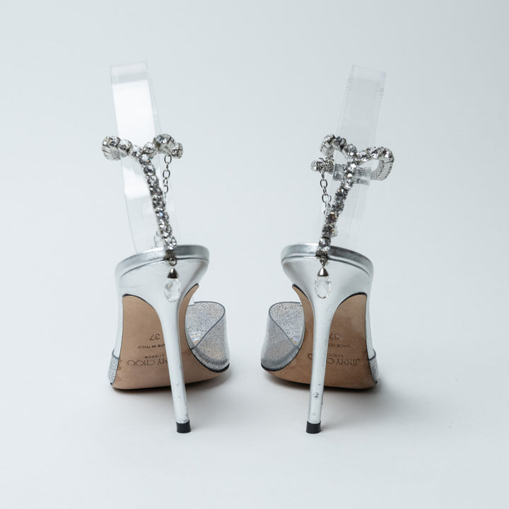Jimmy Choo Silver Glitter PVC Saeda 100 Sandals Size 37