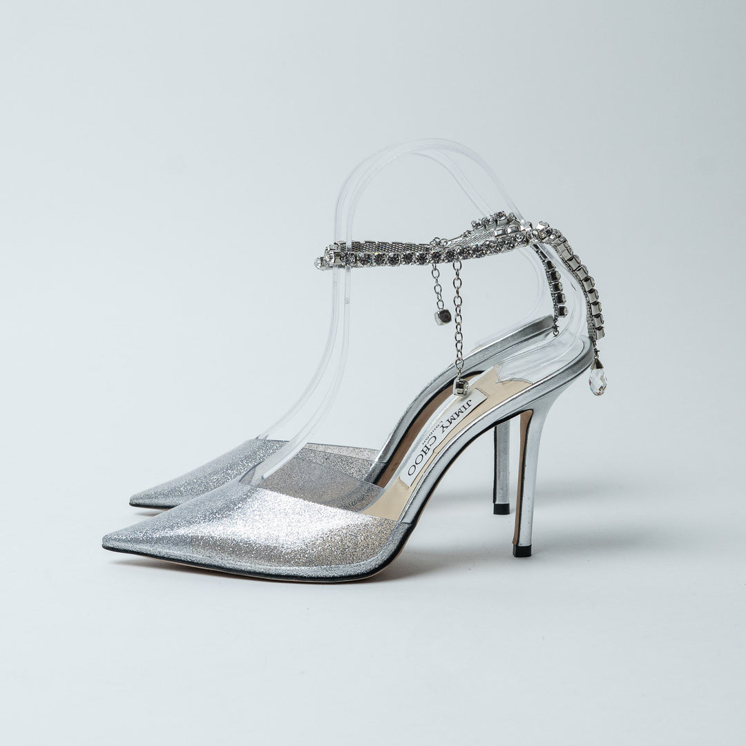 Jimmy Choo Silver Glitter PVC Saeda 100 Sandals Size 37