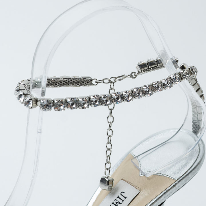 Jimmy Choo Silver Glitter PVC Saeda 100 Sandals Size 37