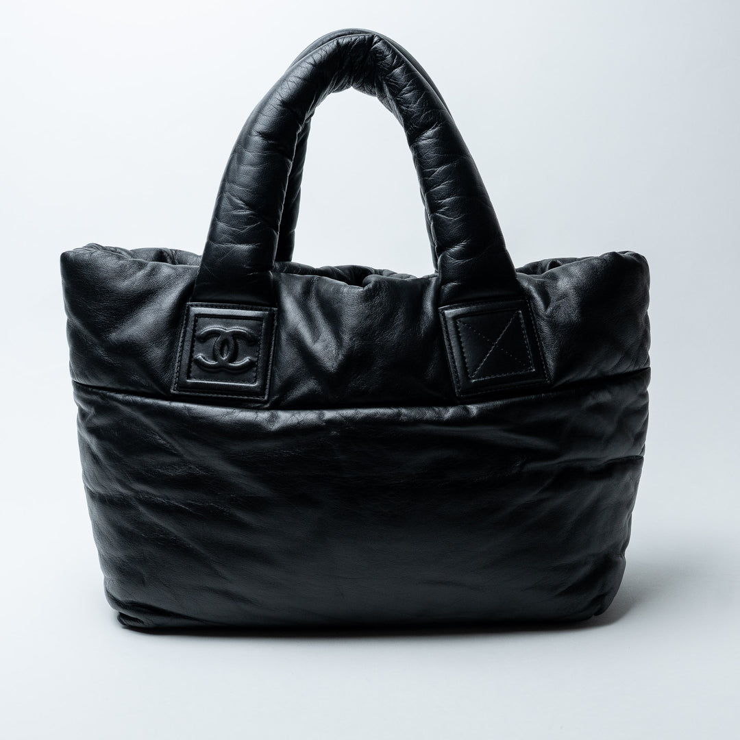 Black Lambskin Leather Medium Coco Cocoon Tote Bag. (front)