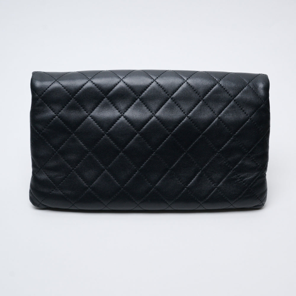 Black Lambskin Leather Quilted Fold-Over Clutch. (view 2)