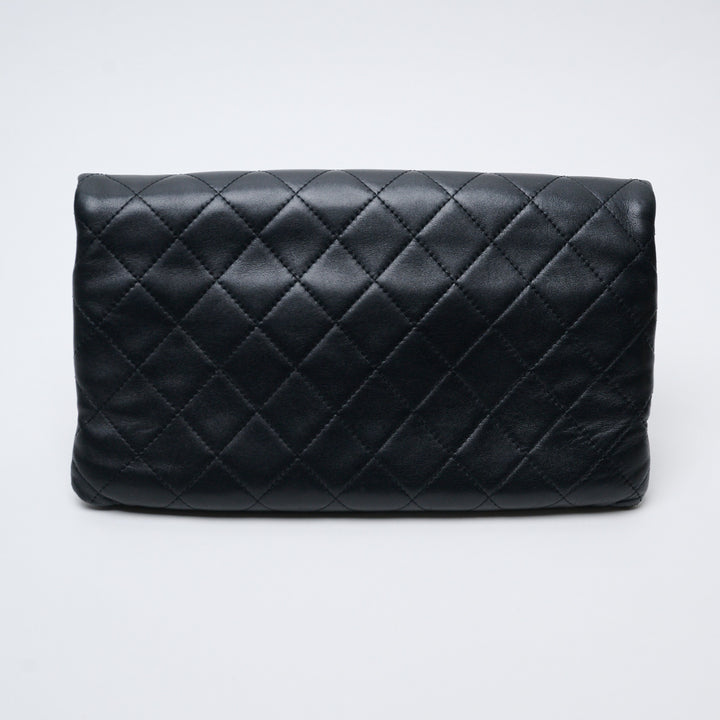 Black Lambskin Leather Quilted Fold-Over Clutch. (view 2)