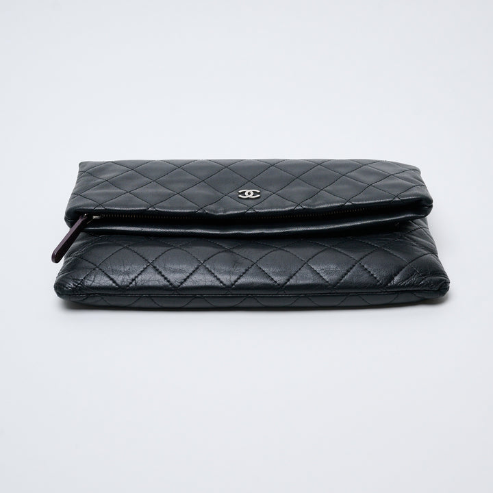 Black Lambskin Leather Quilted Fold-Over Clutch. (view 3)