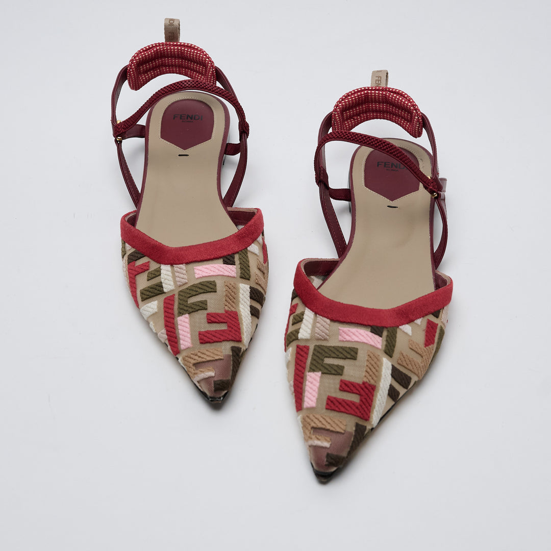 Red and Beige FF Fabric Slingback Flats. (front)