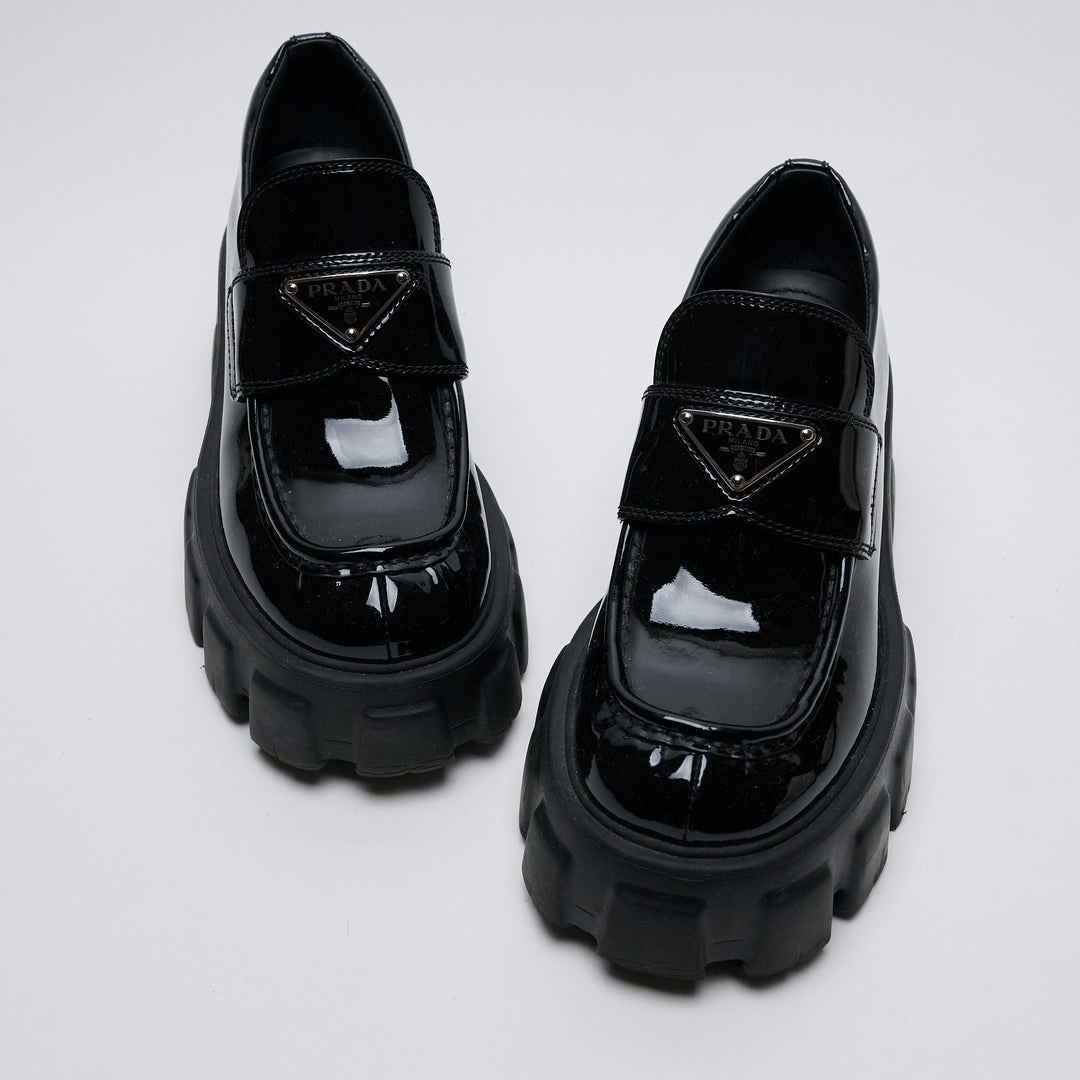 Black Patent Leather Monolith Platform Loafers. (front)