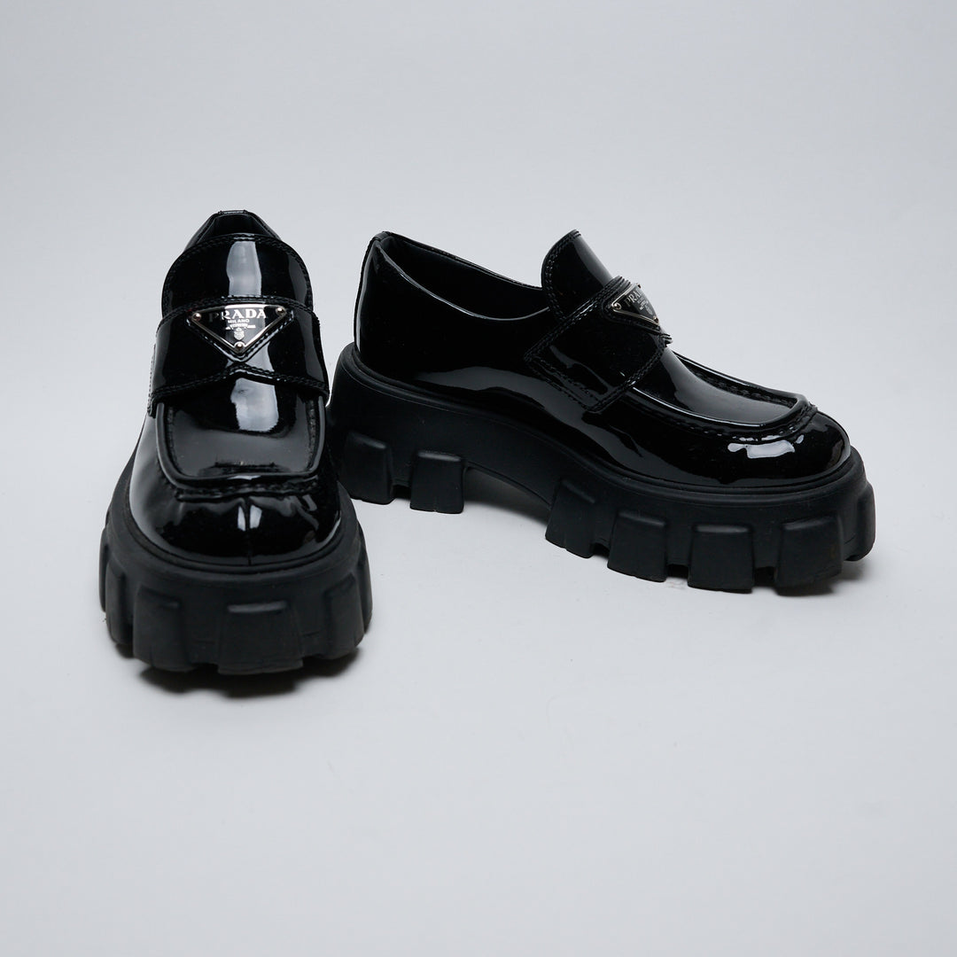Black Patent Leather Monolith Platform Loafers. (view 2)