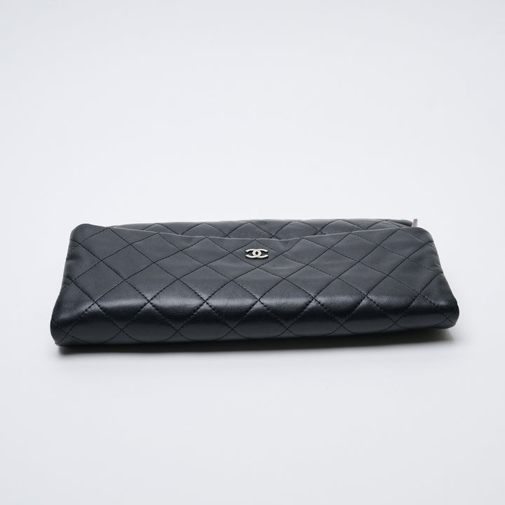 Black Lambskin Leather Quilted Fold-Over Clutch. (view 6)