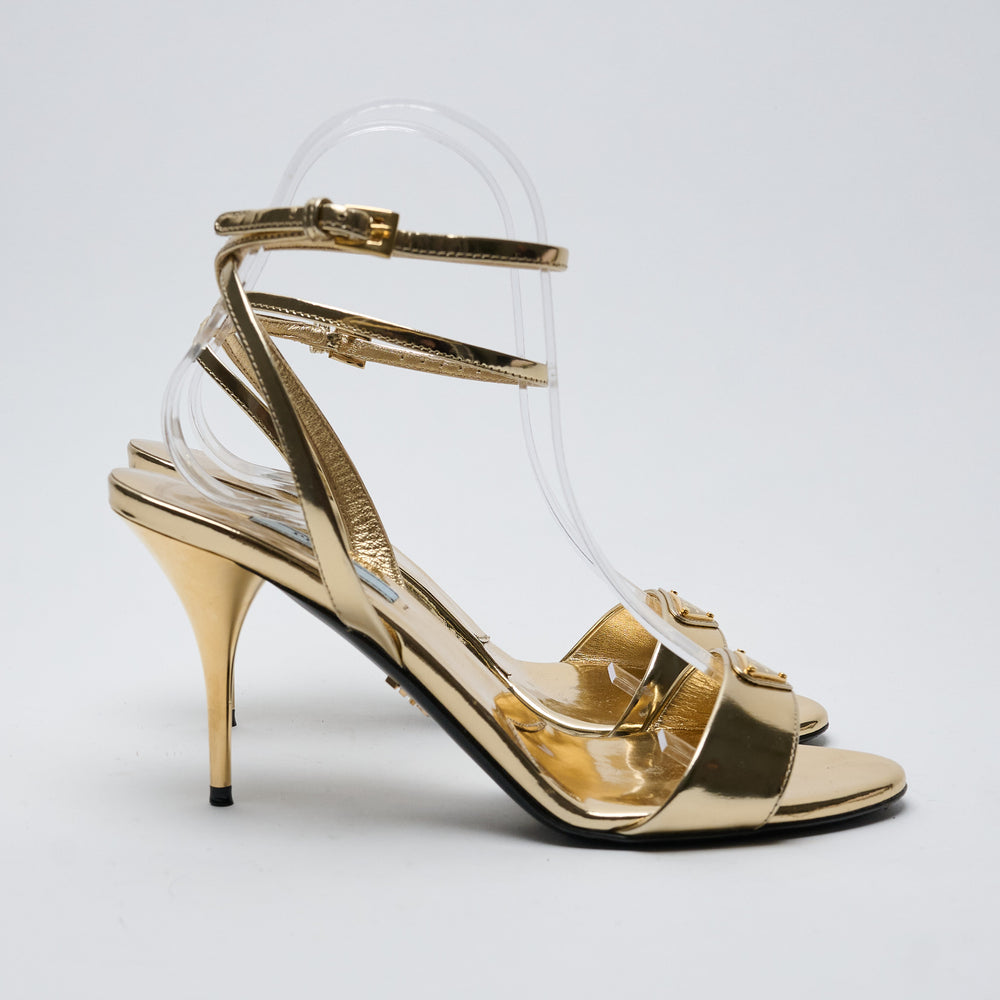 Gold Metallic Leather Ankle Strap Sandals. (view 2)