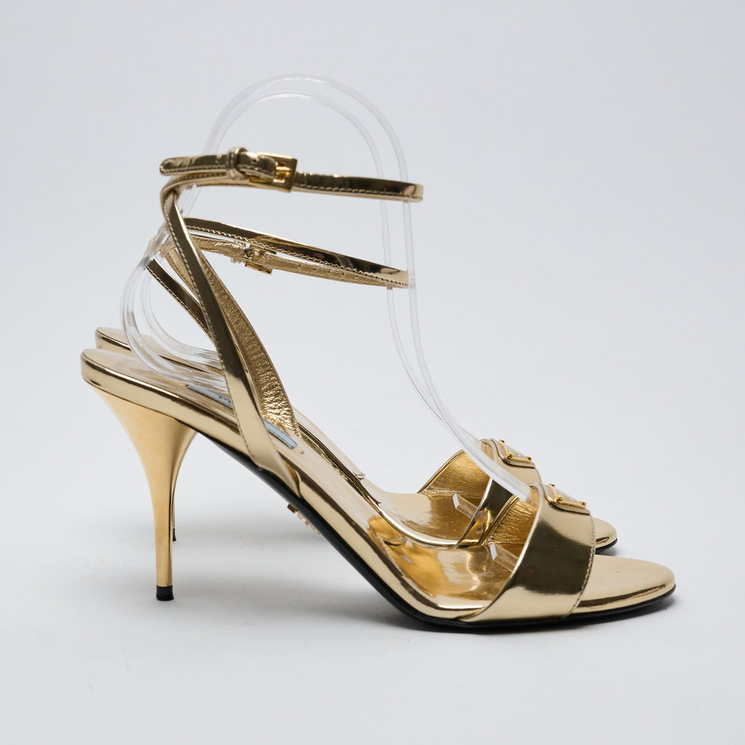 Gold Metallic Leather Ankle Strap Sandals. (view 2)