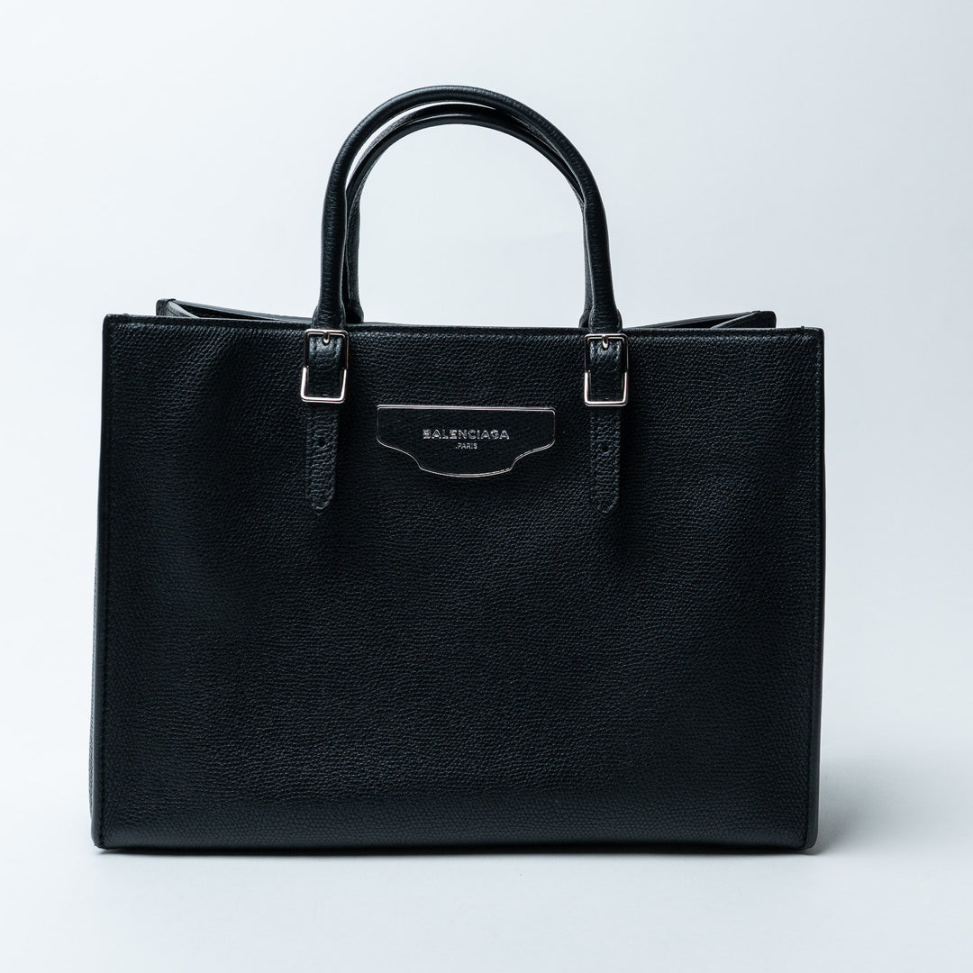 Black Grained Leather Papier A4 Zip Around Tote Bag. (front)