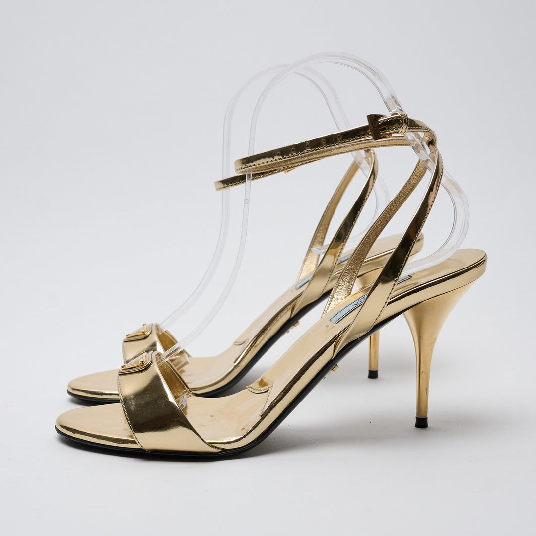 Gold Metallic Leather Ankle Strap Sandals. (view 4)