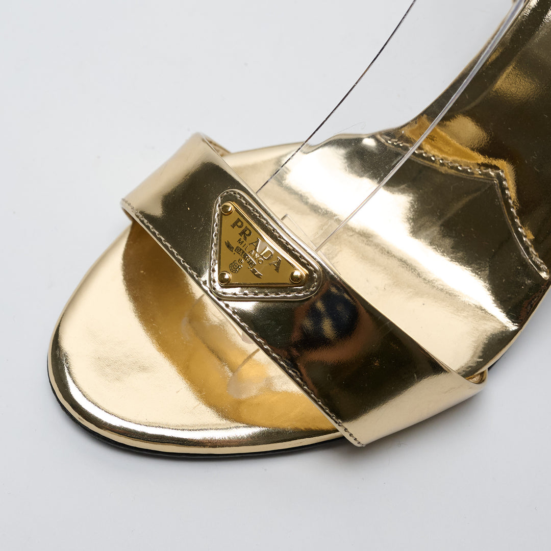 Gold Metallic Leather Ankle Strap Sandals. (view 6)