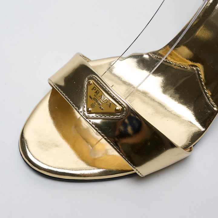 Gold Metallic Leather Ankle Strap Sandals. (view 6)