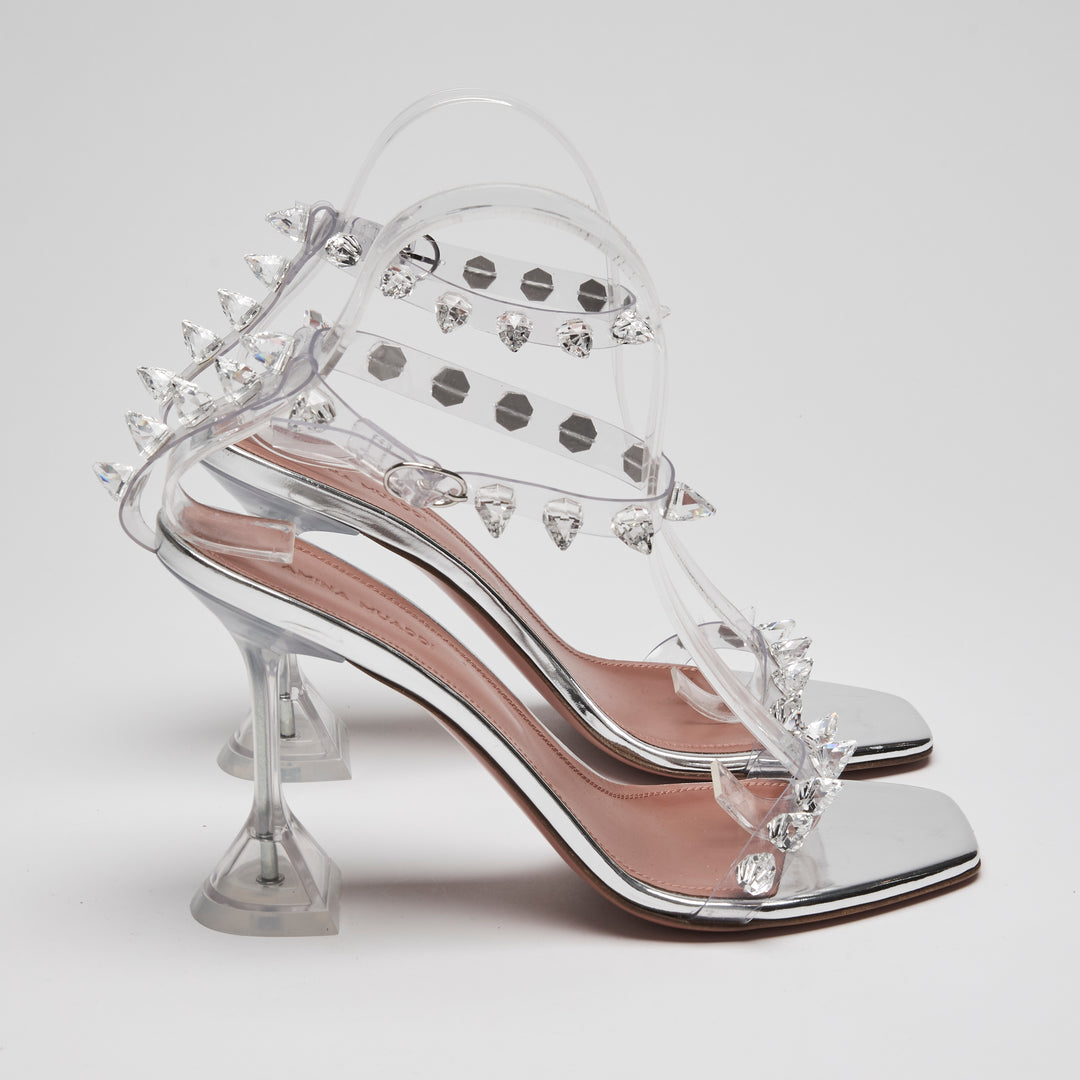 Amina Muaddi Silver Patent Leather & PVC Julia Sandals Size 39