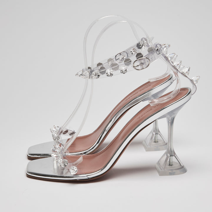 Amina Muaddi Silver Patent Leather & PVC Julia Sandals Size 39
