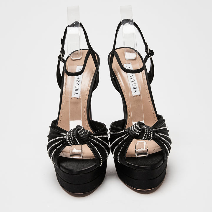 Aquazzura Black Satin Atelier Ankle Strap Pumps with Crystals Size 40