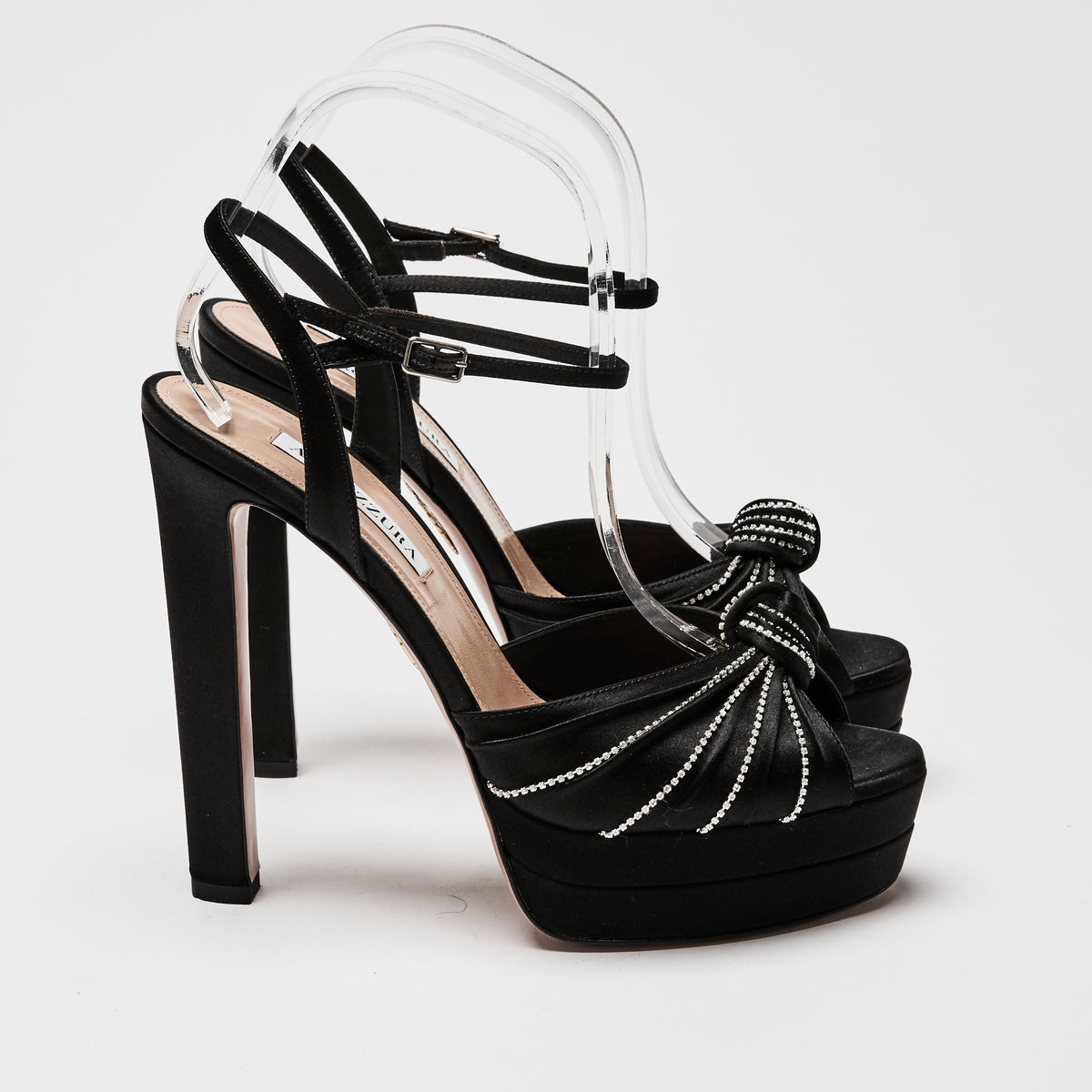 Aquazzura Black Satin Atelier Ankle Strap Pumps with Crystals Size 40