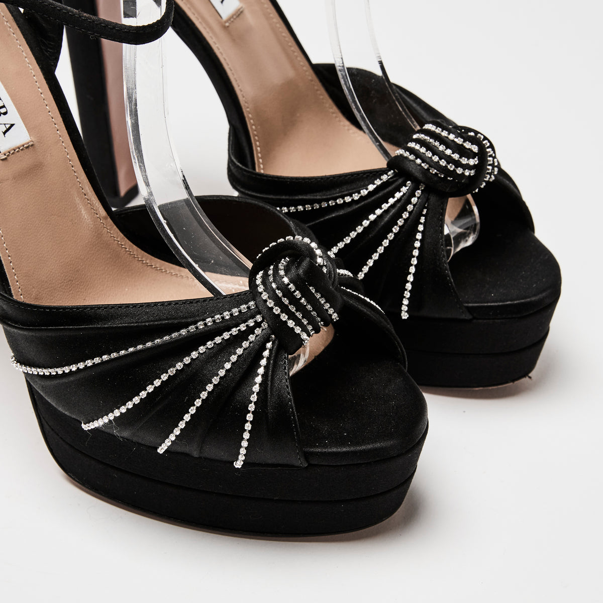 Aquazzura Black Satin Atelier Ankle Strap Pumps with Crystals Size 40