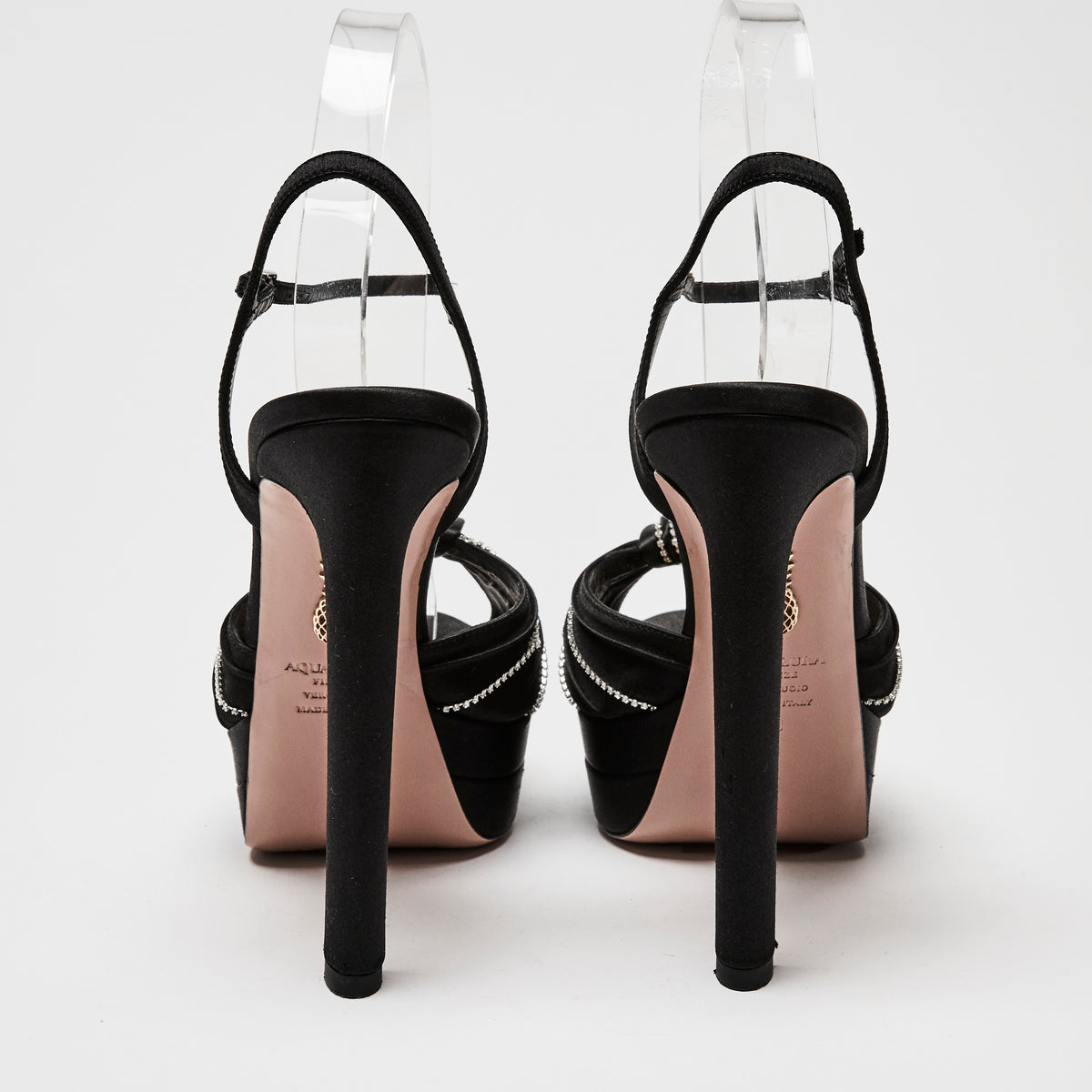 Aquazzura Black Satin Atelier Ankle Strap Pumps with Crystals Size 40