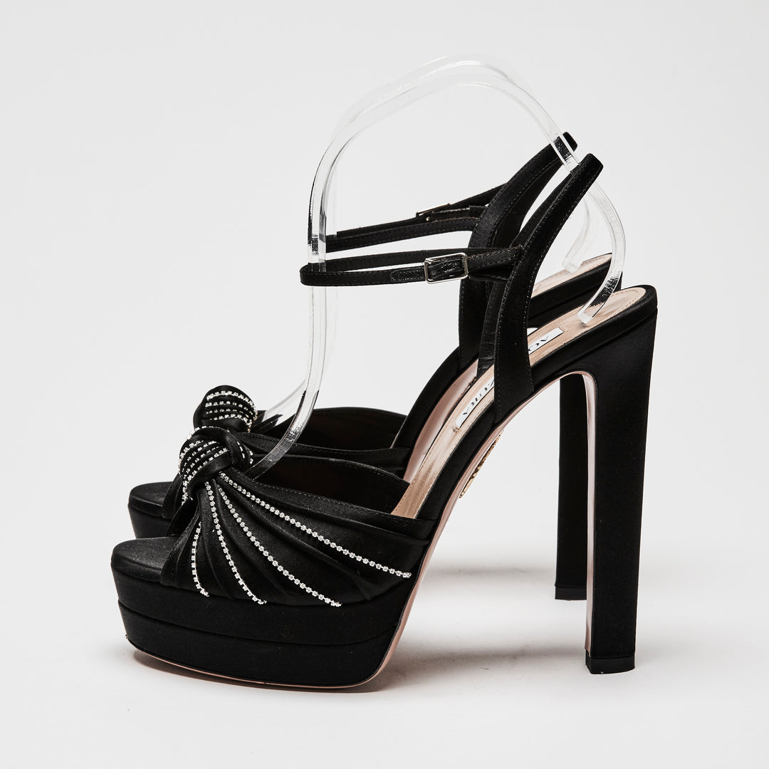 Aquazzura Black Satin Atelier Ankle Strap Pumps with Crystals Size 40