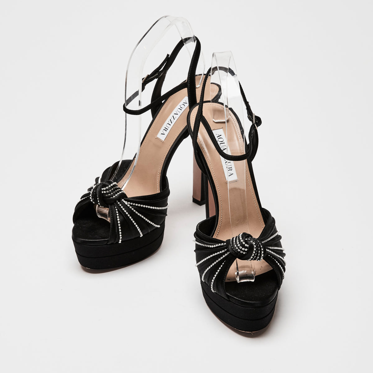 Aquazzura Black Satin Atelier Ankle Strap Pumps with Crystals Size 40