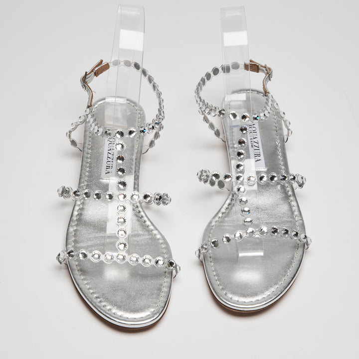 Aquazzura Metallic Silver Leather Tequila Flat Sandals Size 37.5