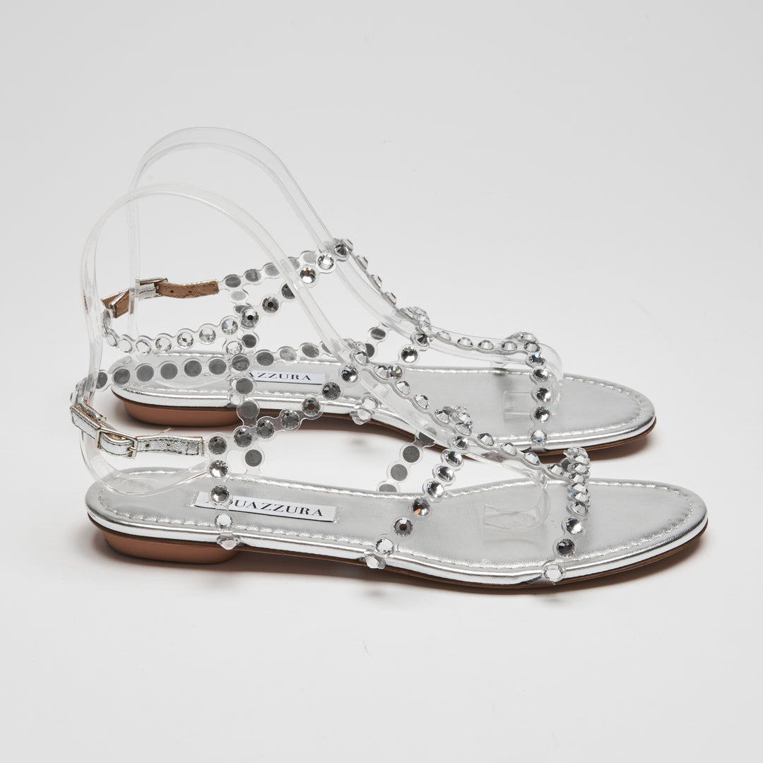 Aquazzura Metallic Silver Leather Tequila Flat Sandals Size 37.5