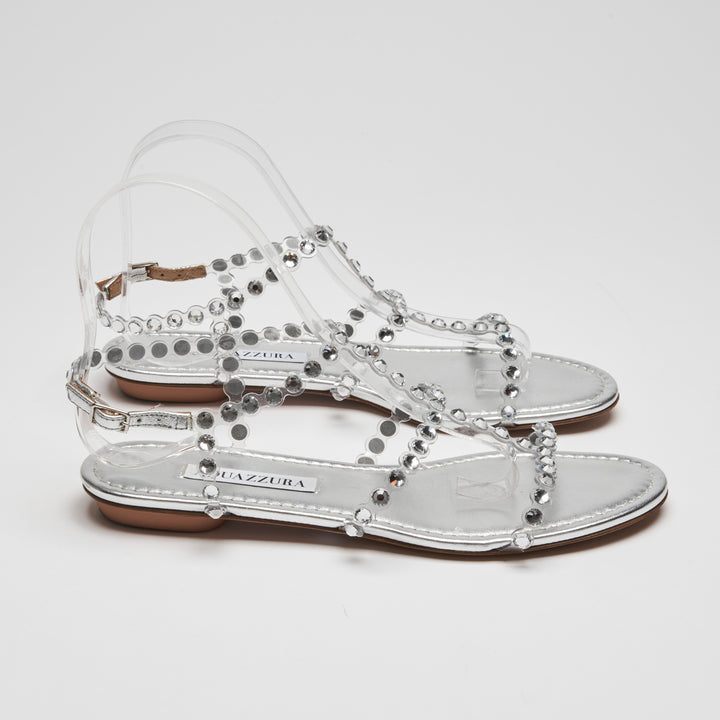 Aquazzura Metallic Silver Leather Tequila Flat Sandals Size 37.5